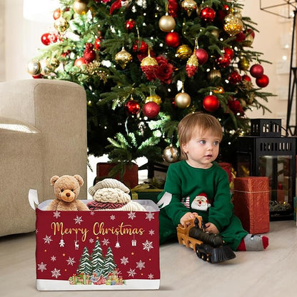 Christmas Tree Storage Basket with Snowflakes, Christmas Decorative Clothes Storage Cube for Nursery , Waterproof Rectangular Toy Box for Boys Girls, Christmas Gifts Storage Box, Winter Party Supply