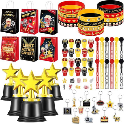 68 Pcs Movie Night Party Favors Movie Night Gift Bags Movie Stampers Silicone Bracelets Keychains Star Trophy Awards Bubble Wands for Movie Night Crazy Birthday Party Gift Goodie Bag Fillers