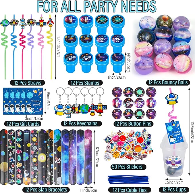 LiYiQ 161 Pcs Space Party Favors with Cup Straws Stress Ball Space Pins Slap Bracelets Keychains Stamps Stickers Twist Ties and Gift Card for Kids Space Birthday Party Supplies (style 1)