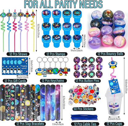 LiYiQ 161 Pcs Space Party Favors with Cup Straws Stress Ball Space Pins Slap Bracelets Keychains Stamps Stickers Twist Ties and Gift Card for Kids Space Birthday Party Supplies (style 1)