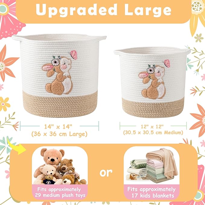 INough Large Blanket Baskets for Living Room, Bunny Baskets Toy Storage Basket Woven Cotton Rope Basket for Kids, Toys Organizer Clothes Hamper with Embroidery, Laundry Hamper Nursery Decor ( Large )