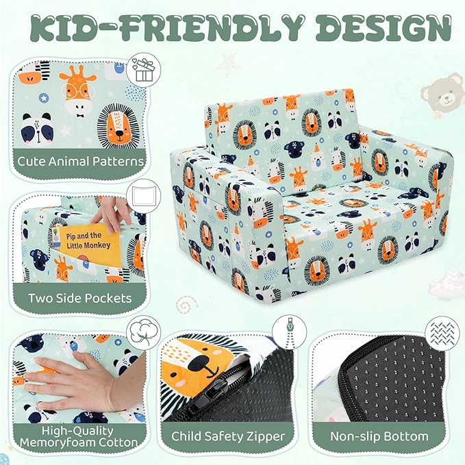 Kids Sofa, Comfy 2-in-1 Toddler Couch Fold Out, Convertible Sofa to Toddler Lounge Chair for Boys and Girls (Animal, Green)