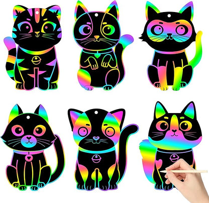 CY2SIDE 60PCS Cat Animal Scratch Bookmarks for Kids, DIY Cat Rainbow Color Paper Cards Craft Kit Birthday Decorations, Catling Pet Magic Art Project Party Favors for School Classroom Activities