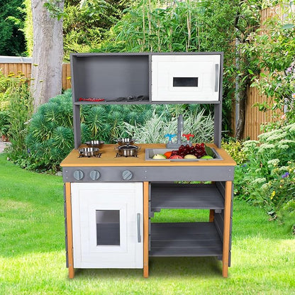 Outdoor Mud Kitchen Playset,Wooden Pretend Play Kitchen w/Water Box & Faucet,Kitchenware, Stove,Play Sink,Storage Shelves,Backyard Garden Worktop Toy Toddler Kitchen for Boys and Girls Ages 3-8
