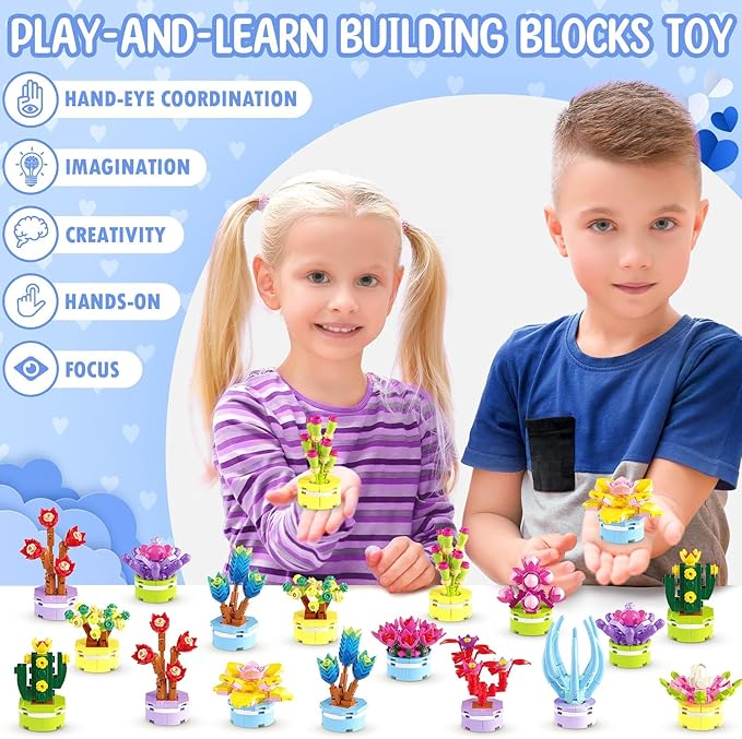 Valentines Day Gifts for Kids 8-12, 24 Pack Succulents Plants Building Blocks Kit With Gift Cards for Kids School Classroom, Class Valentines Gift Exchange, Kids Party Favors Stuffers Fillers