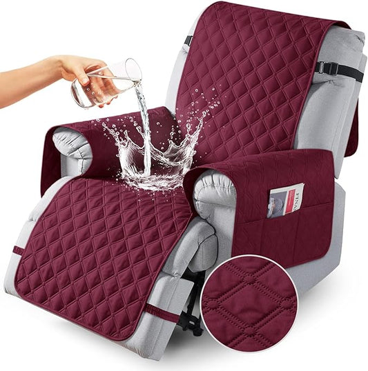 TAOCOCO 100% Waterproof Recliner Covers, Recliner Sofa Covers with Leg Straps, Reversible Recliner Couch Cover for Reclining Chair, Washable Couch Protector for Pets Kids(1 Seater 22", Wine)