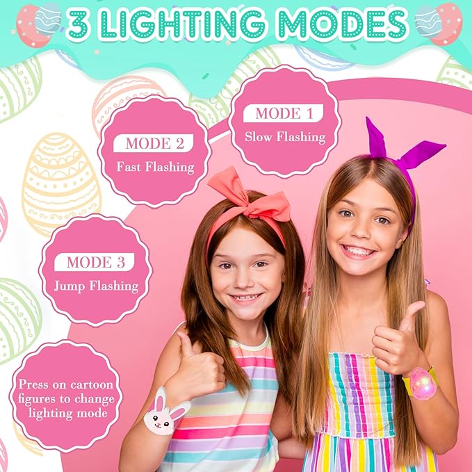 6 Pcs Kids Light Up Slap Bracelets Gifts LED Party Favors Glow Snap Bracelet Glitter Wrist Bands for Bunny Eggs Chicks Silicone Bands Easter Basket Fillers