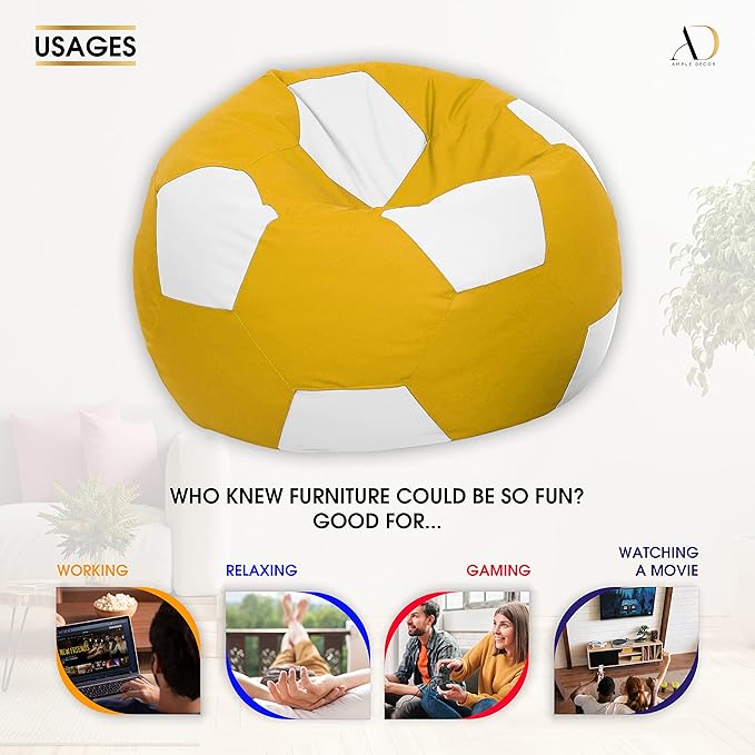 Ample Decor Soccer Bean Bag Cover (Filler Not Included), Leatherette Durable Double Stitched Material Sturdy Zippers, Ideal for Children and Teenagers - White and Yellow