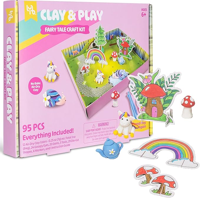 Clay & Play: Fairy Tale Friends Craft Kit - 95pcs, DIY All-in-1 Sensory Set, No Bake Air-Dry, Create - Learn - Play, Kids 6+