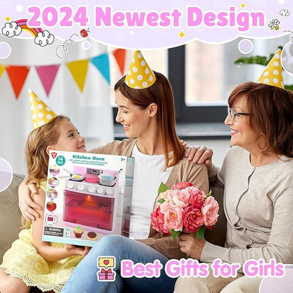 PLAY Toy Oven Kids Kitchen Playset, Kids Play Kitchen Set with 11 Accessories, Realistic Cooking Sounds ＆ Lights, Pretend Play Oven Toddler Cooking Gift Set for Girls Boys Ages 3+