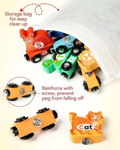 Wooden Alphabet Train Set for Toddlers – Magnetic ABC Train with Snap-Connection, Animal-Themed Educational Preschool Toy for Kids Ages 3-5, Montessori STEM Learning Gift for Boys and Girls