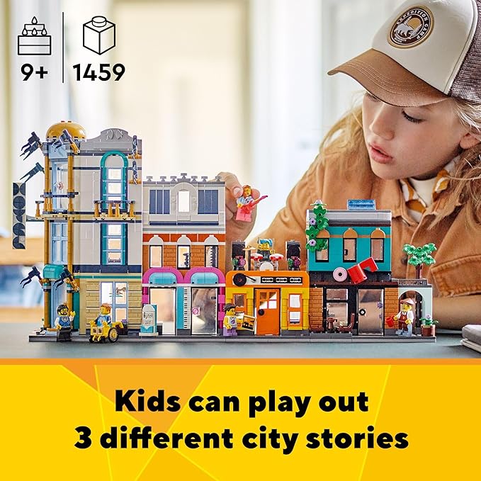 LEGO Creator 3 in 1 Main Street Building Toy Set, Features a Toy City, Art Deco Building, Market Street, Hotel, Café, Music Store and 6 Minifigures, Endless Play Possibilities for Kids, 31141