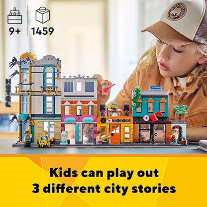 LEGO Creator 3 in 1 Main Street Building Toy Set, Features a Toy City, Art Deco Building, Market Street, Hotel, Café, Music Store and 6 Minifigures, Endless Play Possibilities for Kids, 31141