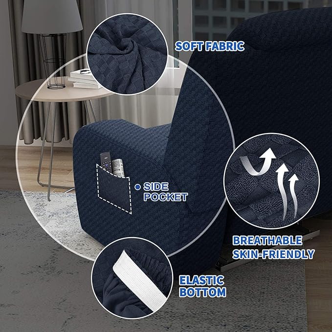 MAXIJIN Oversized Recliner Covers That Stay in Place 4 Pieces Stretch Large Recliner Chair Covers Jacquard Dogs Cats Proof Reclining Slipcovers with Elastic Bottom (XL Recliner, Navy Blue)