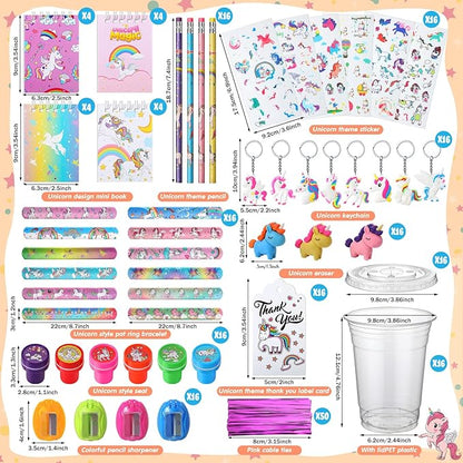 Colarr 161 Pcs Unicorn Party Favor Unicorn School Stationery Set Includes Gift Cup Notebook Pencil Sharpener Eraser Keychain Stamp Slap Bracelet Sticker Card for Unicorn Supplies
