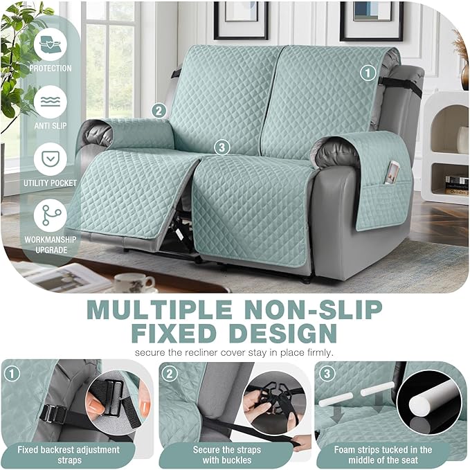 TAOCOCO Loveseat Recliner Cover Non-Slip Sofa Slipcover, Pet Cover for Loveseat Recliner with Elastic Straps, Washable Reclining Loveseat Cover Recliner Furniture Protector (2 Seater, Mint)