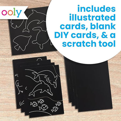 Ooly Scratch & Scribble 10pc Art Kit with 8 Total Scratch Cards (4 Illustrated, 2 Blank, 2 Rainbow) with Scratching Tool and Sparkled Stickers, Art Set Gifts for Kids - Ocean Life
