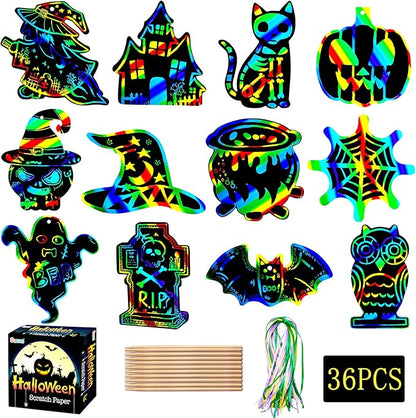 Garma Scratch Paper Craft for Kids - 36 Pcs Halloween Magic Rainbow Scratch Paper Off Cards Set for Kids Crafts Arts Supplies Halloween Ornaments Party Games Classroom Activities Birthday Gifts