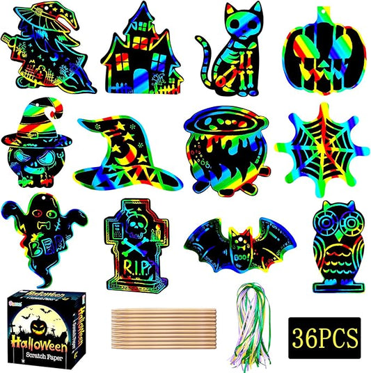 Garma Scratch Paper Craft for Kids - 36 Pcs Halloween Magic Rainbow Scratch Paper Off Cards Set for Kids Crafts Arts Supplies Halloween Ornaments Party Games Classroom Activities Birthday Gifts