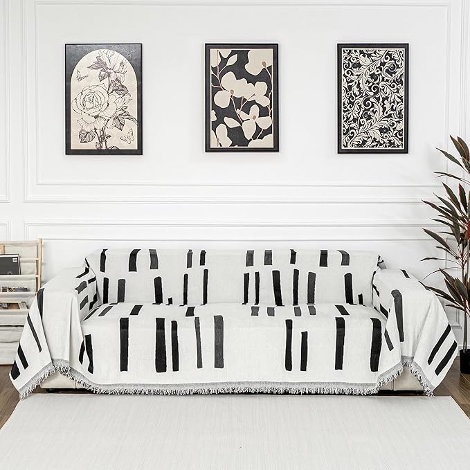 MYSKY HOME Sofa Covers for Sectional Sofa, Couch Cover for Dogs, Couch Covers with Tassel Loveseat Covers Futon Cover L Shaped Cover Washable Chenille Couch Protector, 71" x 102", Black Piano Key