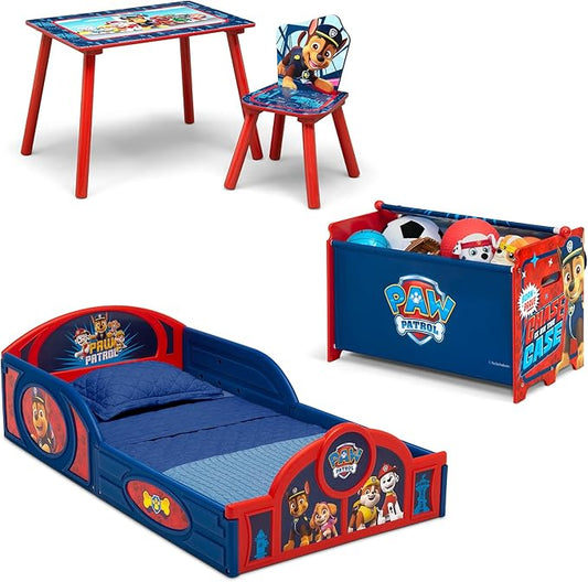 Delta Children - PAW Patrol 4-Piece Toddler Room-in-a-Box Set – Includes Sleep and Play Toddler Bed, Table, 1 Chair and Toy Box, Blue
