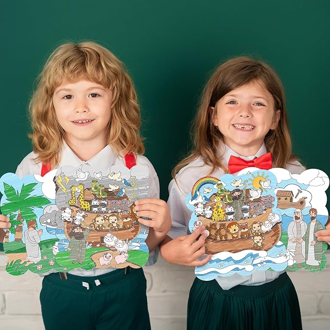 Dvbonike 24Pcs Sunday School Craft for Kids Color Your Own Noah Ark Card 4 Styles Religious Christian Coloring Cards with Biblical Scene Animal Drawing Party Gift VBS Home Classroom Decor Supplies