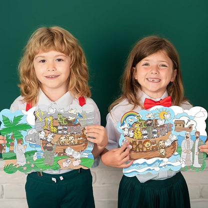 Dvbonike 24Pcs Sunday School Craft for Kids Color Your Own Noah Ark Card 4 Styles Religious Christian Coloring Cards with Biblical Scene Animal Drawing Party Gift VBS Home Classroom Decor Supplies