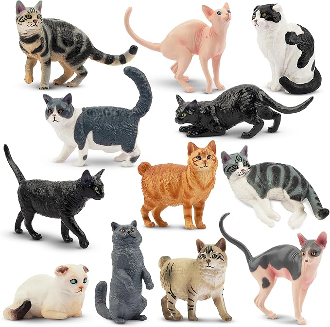 12PCS Cat Figurines, Plastic Cat Figures Realistic Kitten Toys, Cat Cake Toppers Halloween Christmas Birthday Gift for Kids & Children