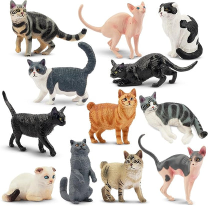 12PCS Cat Figurines, Plastic Cat Figures Realistic Kitten Toys, Cat Cake Toppers Halloween Christmas Birthday Gift for Kids & Children