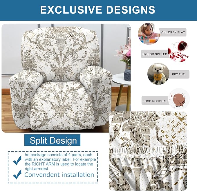 NILUOH Recliner Covers 4-Pieces Stretch Lazy Boy Recliner Chair Covers with Pocket Floral Pattern Reclining Slipcovers Soft Sofa Slipcover Furniture Protector for Pets Kids (Recliner, Pattern 34)