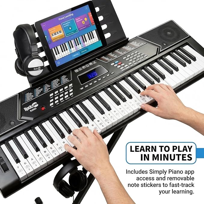 RockJam 61 Key Keyboard Piano Stand With Pitch Bend Kit, Piano Bench, Headphones, Simply Piano App & Keynote Stickers