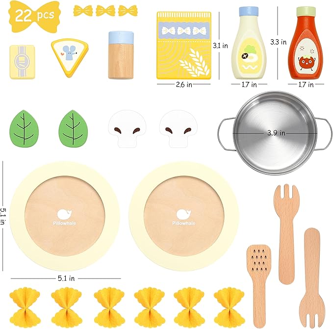Pasta Food Toys, Wooden Play Kitchen Food , Play Food with Pots and Pans Playset, Kids Pretend Play Kitchen Accessories Toys Set for Girls Boys 3+Years Old