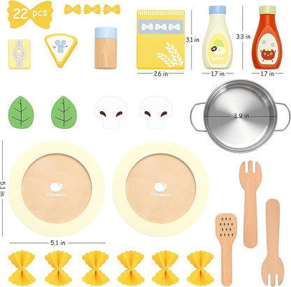 Pasta Food Toys, Wooden Play Kitchen Food , Play Food with Pots and Pans Playset, Kids Pretend Play Kitchen Accessories Toys Set for Girls Boys 3+Years Old
