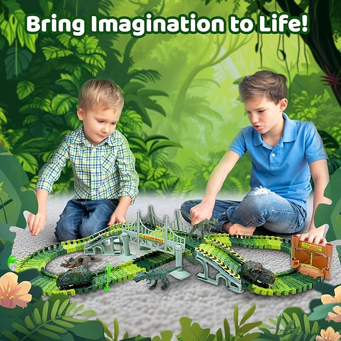 Dinosaur Race Track Toy Set -Dino Racetrack with 170 Total Pieces, Flexible Tracks, Dino Train for Kids Ages 3-7, Boys & Girls | Dinosaur Race Track, Dinosaur Track Toy Set Toddler Race Track