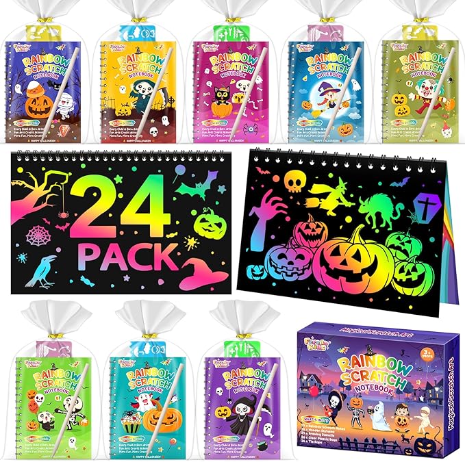 Halloween Party Favors for Kids Bulk: 24 Pack Rainbow Scratch Art Notebook Bulk Scratch Art Party Favors Girls Boys Birthday Party Favors Classroom Prizes Gifts