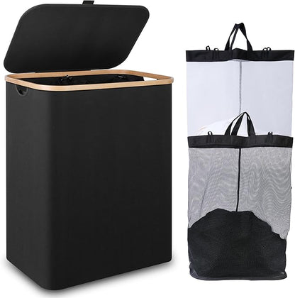 iEGrow 150L Laundry Basket with Lid,Large Laundry Hamper with Bamboo Handles, Hampers for Laundry, Dirty Clothes Hamper with 2 Removable Inner Bags for Clothes Toys Towels,Black