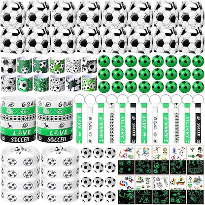 Aoriher 192 Pcs Soccer Party Favors Sport Slap Bracelets Keychains Bouncy Ball Silicone Bracelets Hair Ties Wristbands Gift Box Eraser Luminous Tattoo for Sport Themed Party Supplies