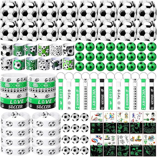 Aoriher 192 Pcs Soccer Party Favors Sport Slap Bracelets Keychains Bouncy Ball Silicone Bracelets Hair Ties Wristbands Gift Box Eraser Luminous Tattoo for Sport Themed Party Supplies