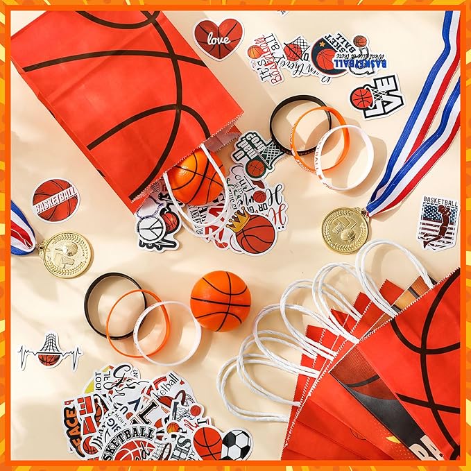 98 Pcs Basketball Party Favors Set for Kid Boy Basketball Team Gift Bulk 12 Basketball Medals 12 Paper Gift Goodie Bag 12 Foam Basketball 50 Stickers 12 Wristband for Classroom Reward Prizes Birthday