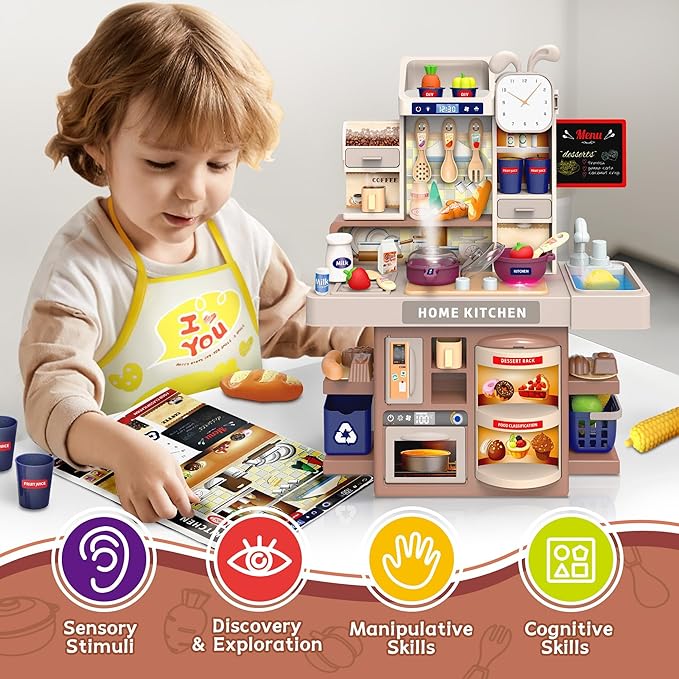 Mini Kids Kitchen Playset with Apron, Play Kitchen Toy with Realistic Steam and Lights, Play Sink and Toy Kitchen Accessories, Pretend Play Gift for Toddlers 3-5 Boys Girls (Grey)