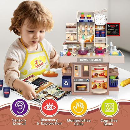 Mini Kids Kitchen Playset with Apron, Play Kitchen Toy with Realistic Steam and Lights, Play Sink and Toy Kitchen Accessories, Pretend Play Gift for Toddlers 3-5 Boys Girls (Grey)