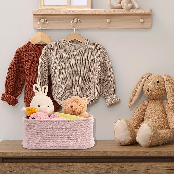 XUANGUO Small Woven Storage Baskets 13“X9”X5“ Decorative Rope Bins for Organizing Shelves, Closets, and Toys, Empty Gift Baskets, Cute Organizer Basket for Home and Office (pink, Large)
