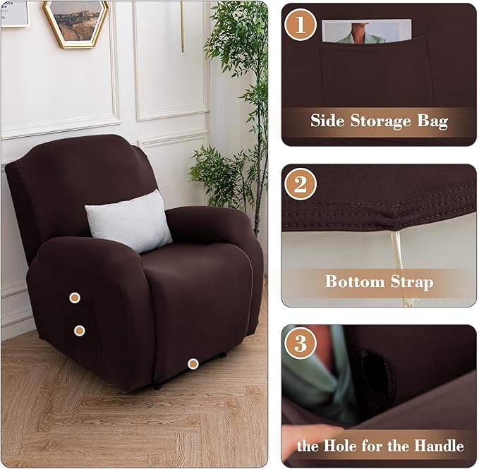 Jin Le 4 Pieces Recliner Cover Stretch Recliner Chair Cover 1 Seater Recliner Couch Covers Sofa Covers Stretch Soft Furniture Protector with Elastic Bottom and Ties for Kids Pet(Recliner, Brown)