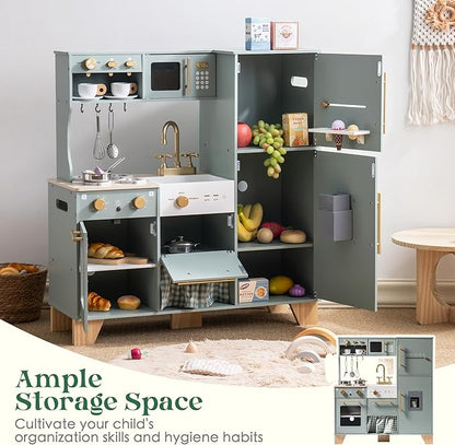 ROBUD Wooden Play Kitchen for Kids Toddlers, Corner Wooden Play Kitchen with Fridge, Ice Maker, Coffee Maker, Juicer, Oven, Dishwasher, Microwave, Utensils, Gift for Ages 3+