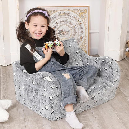 Star Glow in The Dark Toddler Couch, 2-in-1 Toddler Soft Couch Fold Out with Star Pillow, Convertible Sofa to Lounger for Girls and Boys, 1-Seat