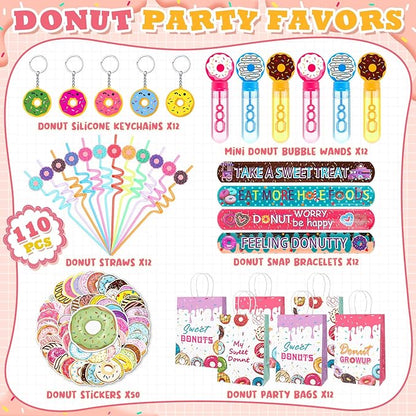 110 Pcs Donut Party Favors Include 12 Mini Donut Bubble Wands 12 Straws 12 Keychains 12 Donut Party Bags 12 Snap Bracelets 50 Stickers for Doughnut Birthday Party Gift Goodie Bag Fillers