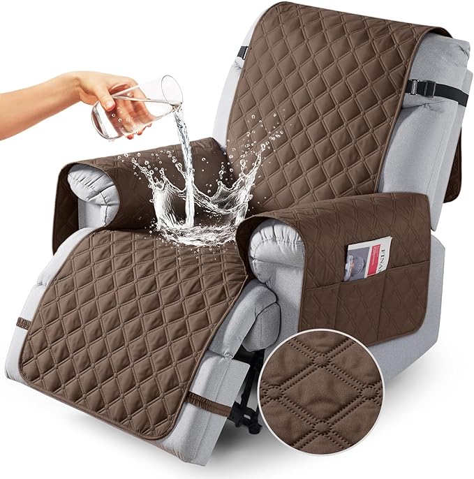TAOCOCO 100% Waterproof Recliner Covers, Recliner Sofa Covers with Leg Straps, Reversible Recliner Couch Cover for Reclining Chair, Washable Couch Protector for Pets Kids(1 Seater 28", Brown)