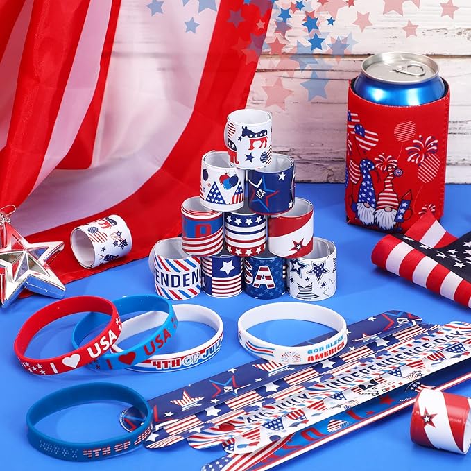 JUNEBRUSHS 4th of July Party Favors, 50 Pcs Patriotic Decorations Slap Bracelets Rubber Wristbands Assorted for Kids Gifts Silicone Bracelets Bulk Memorial Veterans Day Party Accessories