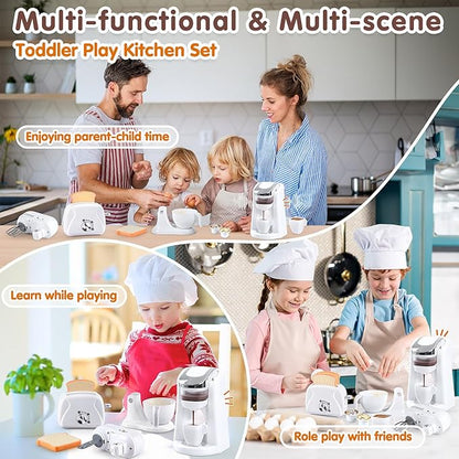 Play Kitchen Appliances Toys, Kids Kitchen Playset Accessories, Pretend Play Toy Sets with Coffee Maker, Mixer, Toaster with Realistic Lights & Sounds, Gifts for Boys Girls Toddlers Ages 3+, White