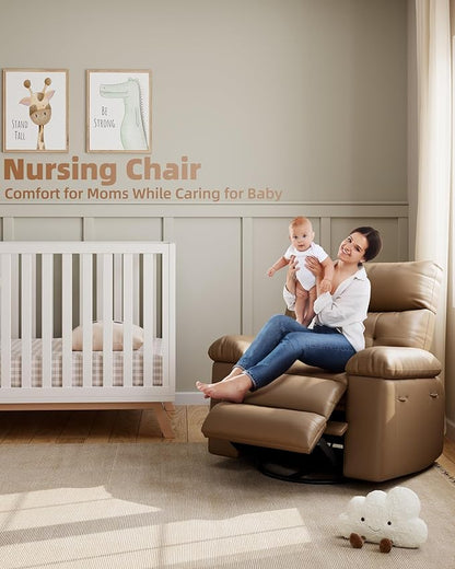 Electric Recliner Chair - 360° Rocker Swivel Recliner with Heat and Massage, PU Leather Large Power Recliner for Adults, Comfortable Lazy Chair with 1.5X Sponge Filling for Living Room, Tan